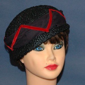 50s Navy Woven Hat with ribbon trims